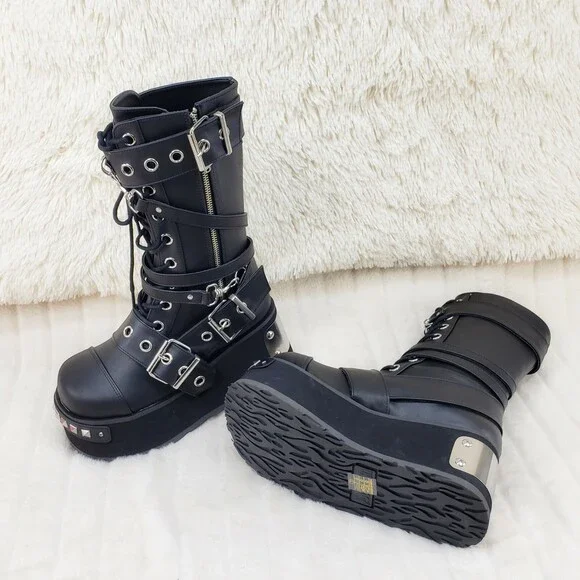 NIB DEMONIA Trashville 250 Multi Strap Goth Punk Rock 3.25 Platform Boot Black